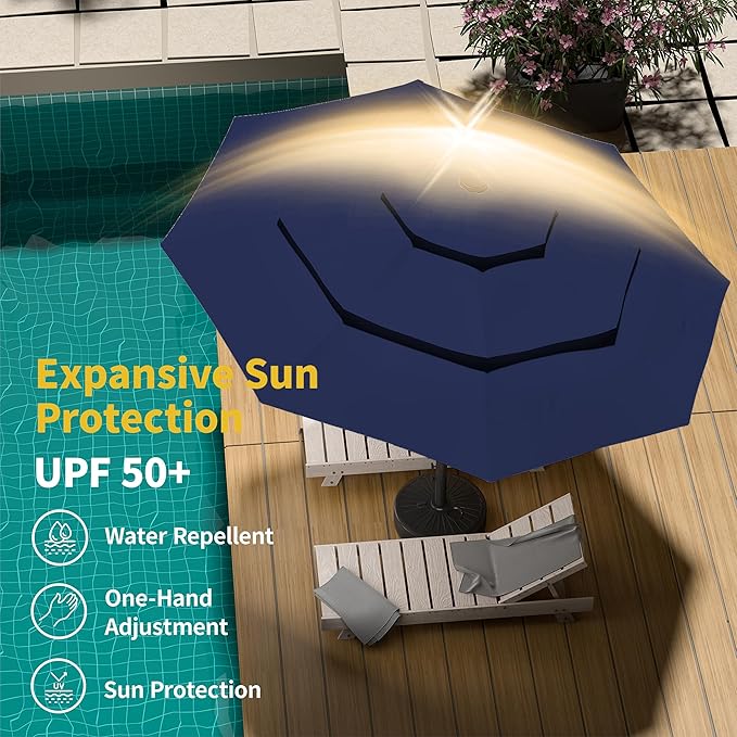 Kingdura 9ft 3-Tier Patio Umbrella, Outdoor Table Umbrella with Easy Crank & Tilt, 8 Reinforced Ribs, UV Protection for Deck, Pool, Market, Backyard (Navy blue)