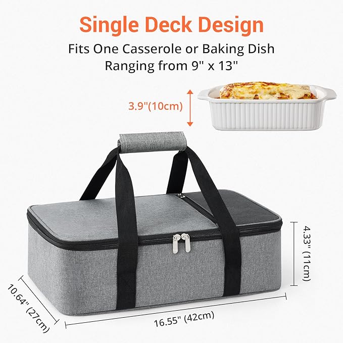 Insulated Casserole Carrier for Hot or Cold Food,Pie Carrier Bag Lunch Tote for Potluck Parties/Picnic/Cookouts, Fits 9"x13" Baking Dish,Single Grey