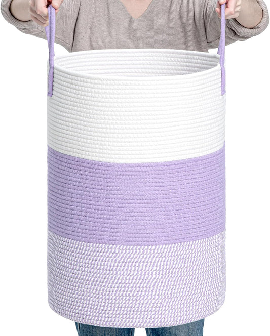 CLHMILY&Z 60L Laundry Basket Round Storage Rope Basket - 15x20.5 Inches - Lavender Hamper in Bedreoom and Cute Storage Bin for Blankets, Toys, and Nursery Essentials