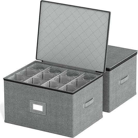 SpaceAid Wine Glass Stemware Storage 2 Pack, China Storage Containers, Hard Shell Quilted Cases with Soft Plate Separators, Moving Supplies Packing Boxes for 24 Glasswares (Grey)