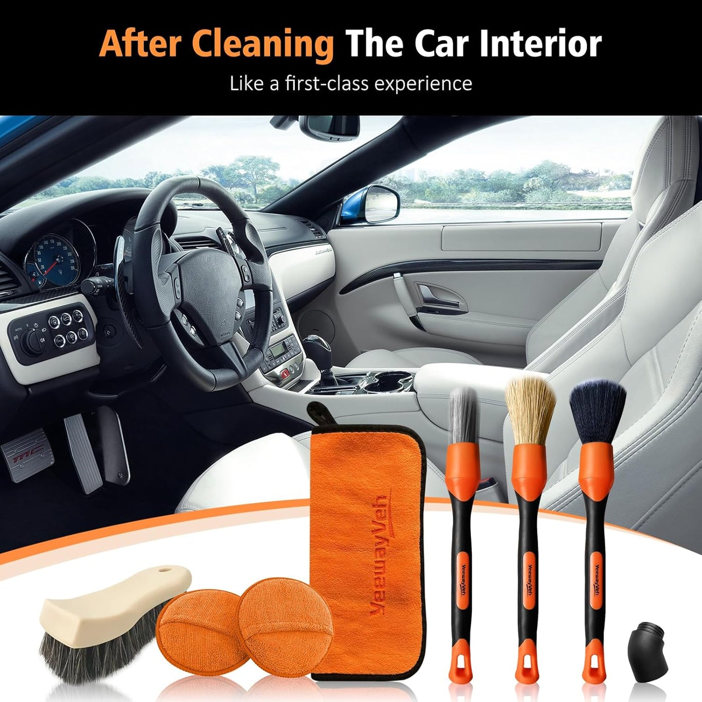 YeewayVeh 7PCS Car Interior Detailing Kit, Horse Hair Car Leather Brush, Applicator Pads and Microfiber Cloth for Car Interior & Seats Leather, Interior Car Cleaning Kit, Orange