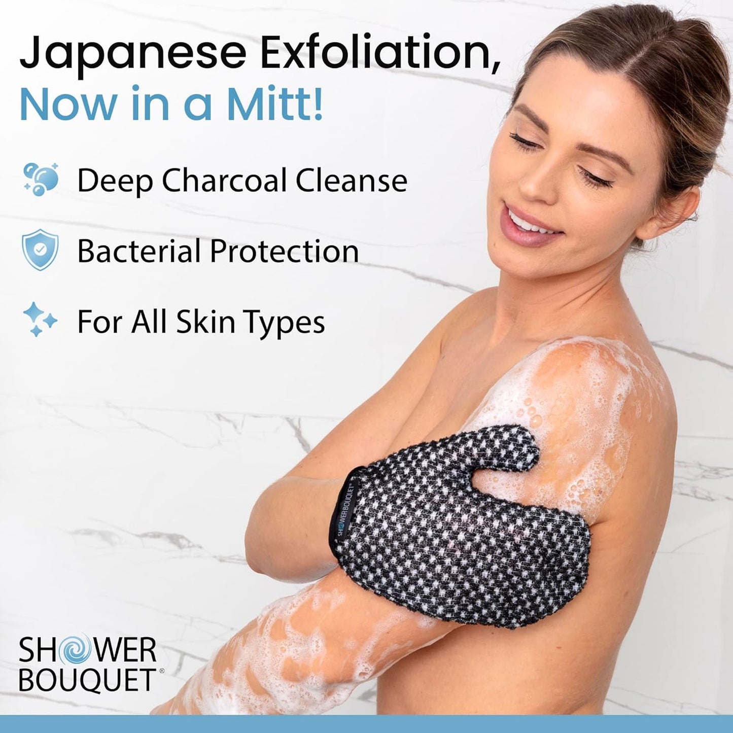 Japanese Exfoliating Mitt for Shower [1-Pack, White] - Charcoal & Silver Ion Exfoliating Glove - Gentle Exfoliation & Deep Cleansing Shower Mitt - Exfoliating Body Scrubber Glove, Soft Fabric Inside