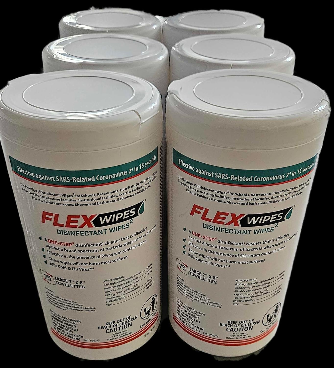Flex Wipes Disinfectant Wipe 20075, Includes Six (6) 75-count Canisters, 8" x 6" wipes