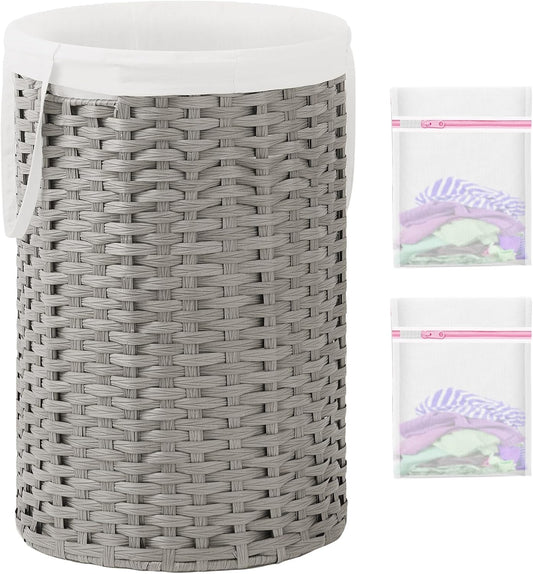 34.3 Gal (130 L) Large Laundry Hamper Laundry Basket Round Handwoven Wicker Laundry Baskets Rattan Laundry Basket with Removable Bag Handles 2 Mesh Bags for Living Room Bedroom Gray