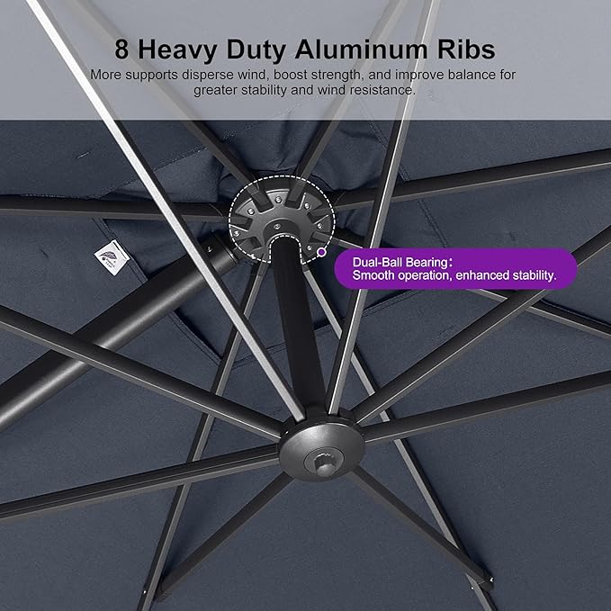 PURPLE LEAF 8 FT Cantilever Patio Umbrella Outdoor Aluminum Offset Square Umbrella with 3 Years Fade Resistance Recycled Fabric and 360-degree Rotation for Deck Pool Garden, Ocean Slate