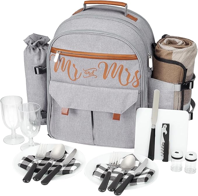 Couple Gifts 22L Picnic Basket Set, Grey Insulated Picnic Backpack for 2, Leak Proof Cooler Camping Gifts, Cool Bridal Shower Gifts Anniversary Engagement Wedding Gifts for Couples, Mr and Mrs Gifts