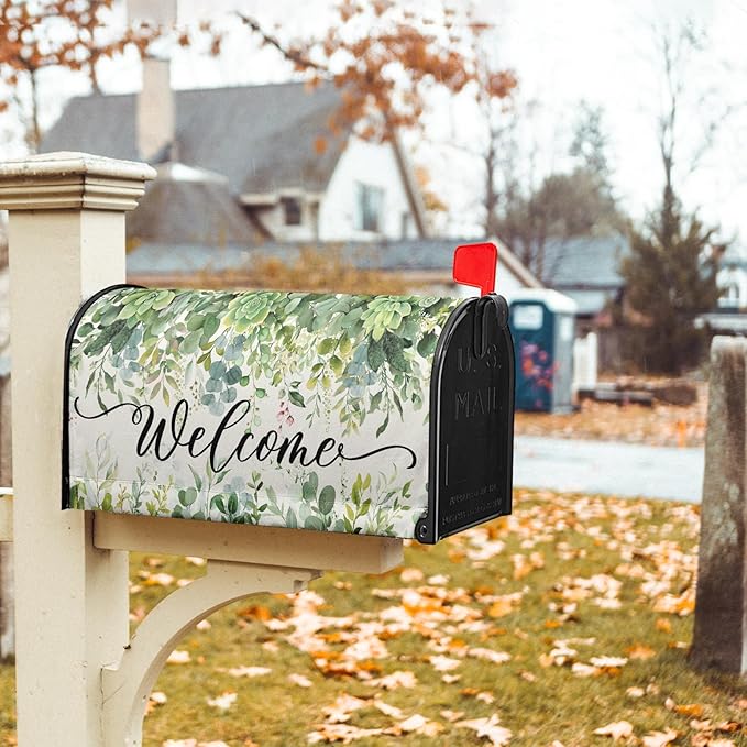 Spring Eucalyptus Leaves Mailbox Covers Magnetic Welcome Post Letter Box Wrap Standard Size 21''x18'' Green Leaves Summer Dust-Proof Letterbox Decor Seasonal Postbox Cover for Outdoor Garden Yard