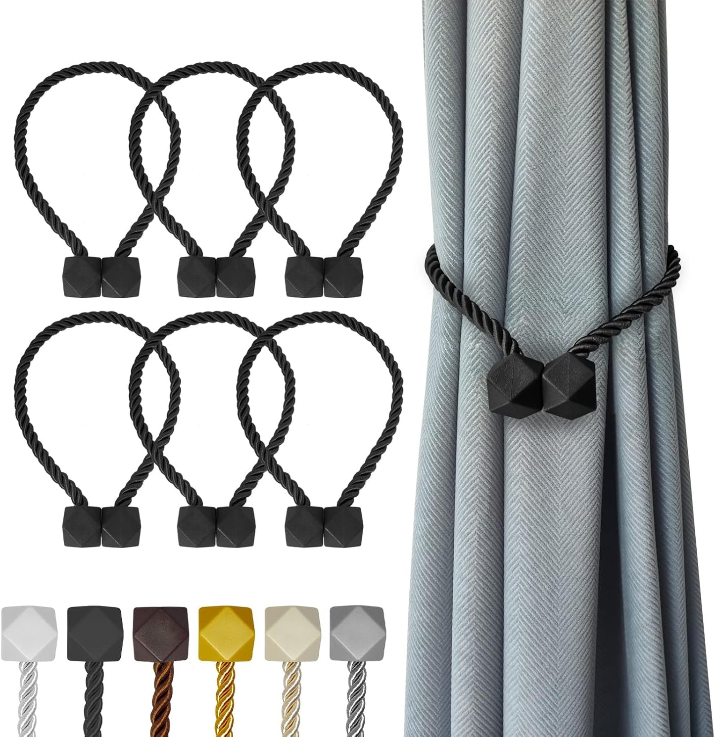 Hion Magnetic Curtain Tiebacks Black 6 Pack, Curtain Tiebacks Buckles Holdbacks Holders Hooks Clip for Home Bedroom Office Decorative Thick or Thin Curtain