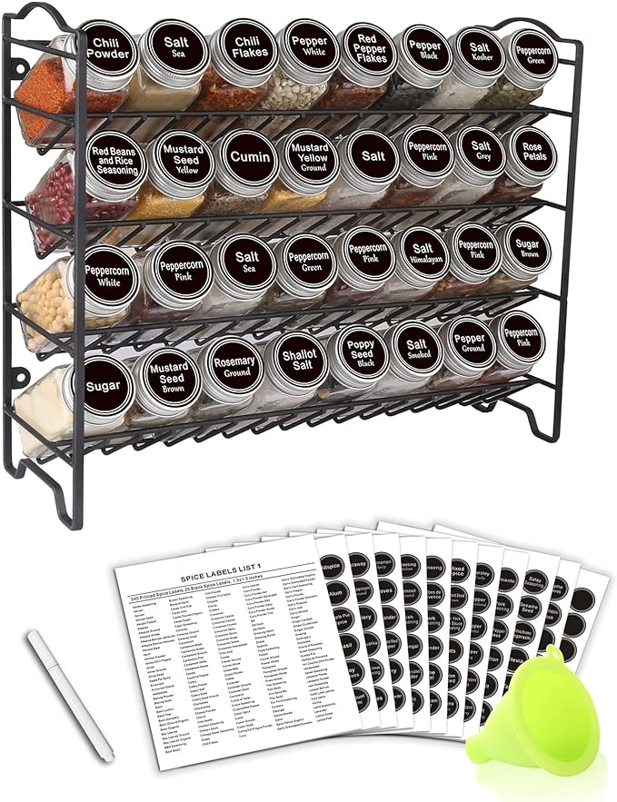 SWOMMOLY Spice Rack Organizer with 32 Glass Spice Jars, 396 Spice Labels, Chalk Marker and Funnel Complete Set, for Cabinet, Countertop, Cupboard or Wall Mount, Black