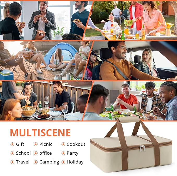 Insulated Casserole Carrier for Hot or Cold Food,Pie Carrier Bag Lunch Tote for Potluck Parties/Picnic/Cookouts, Fits 9"x13" Baking Dish,Single Beige