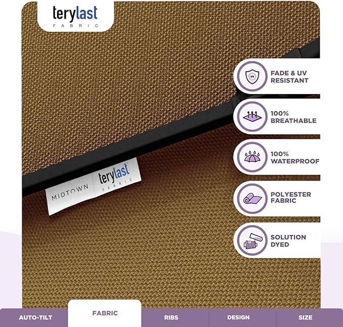 Midtown Umbrellas 10-Year-No-Fade - 9 Ft - UV Proof Sand Tan Polyester Fabric - Umbrella Outdoor Patio, Auto-Tilt Aluminum Frame Patio Umbrella for Garden, Pool & Deck - Black Pole