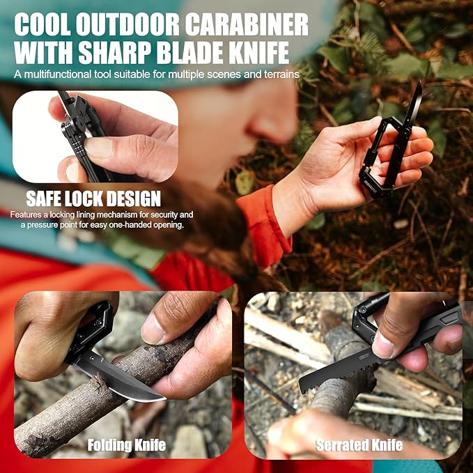 Carabiner Multitool 8-in-1 EDC Carabiners Pocket Knife, Serrated Knife, Rope Cutter, Screwdriver, Can Bottle Opener, Ruler, Survival Gear for Camping Climbing, Christmas Gifts for Men Women (Black)