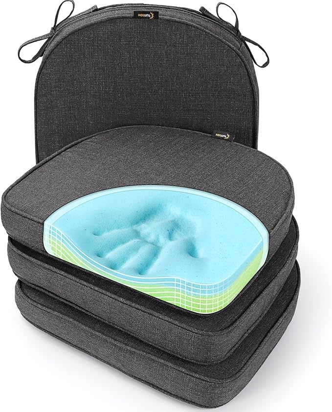 SUNROX Gel Memory Foam Chair Cushions, FadeShield Water-, Stain-Resistant Durable Reversible Seat Cushion Pads with Ties for Indoor/Outdoor Kitchen Dining Office 17"x16" Set of 4, Midnight