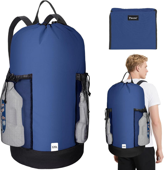 BALEINE 120L Laundry Bag Backpack, 900D Oxford Fabric Large Travel Laundry Bags with Shoulder Straps and 2 Mesh Pockets for College Dorm, Apartment, Laundromat (Navy, 120L)