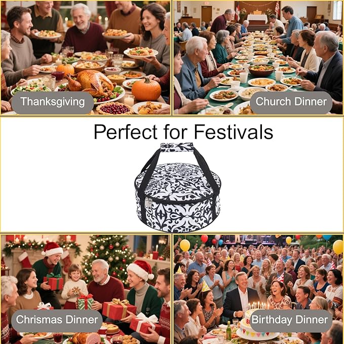 Round Portable Insulated Thermal Dish Carrier Bag for Pie and Cake Transport to Keep Food Hot/Cold/Fresh for Lunch, Potlucks Parties Gathering,Cookouts,Church Dinner,Outdoor Events-Black