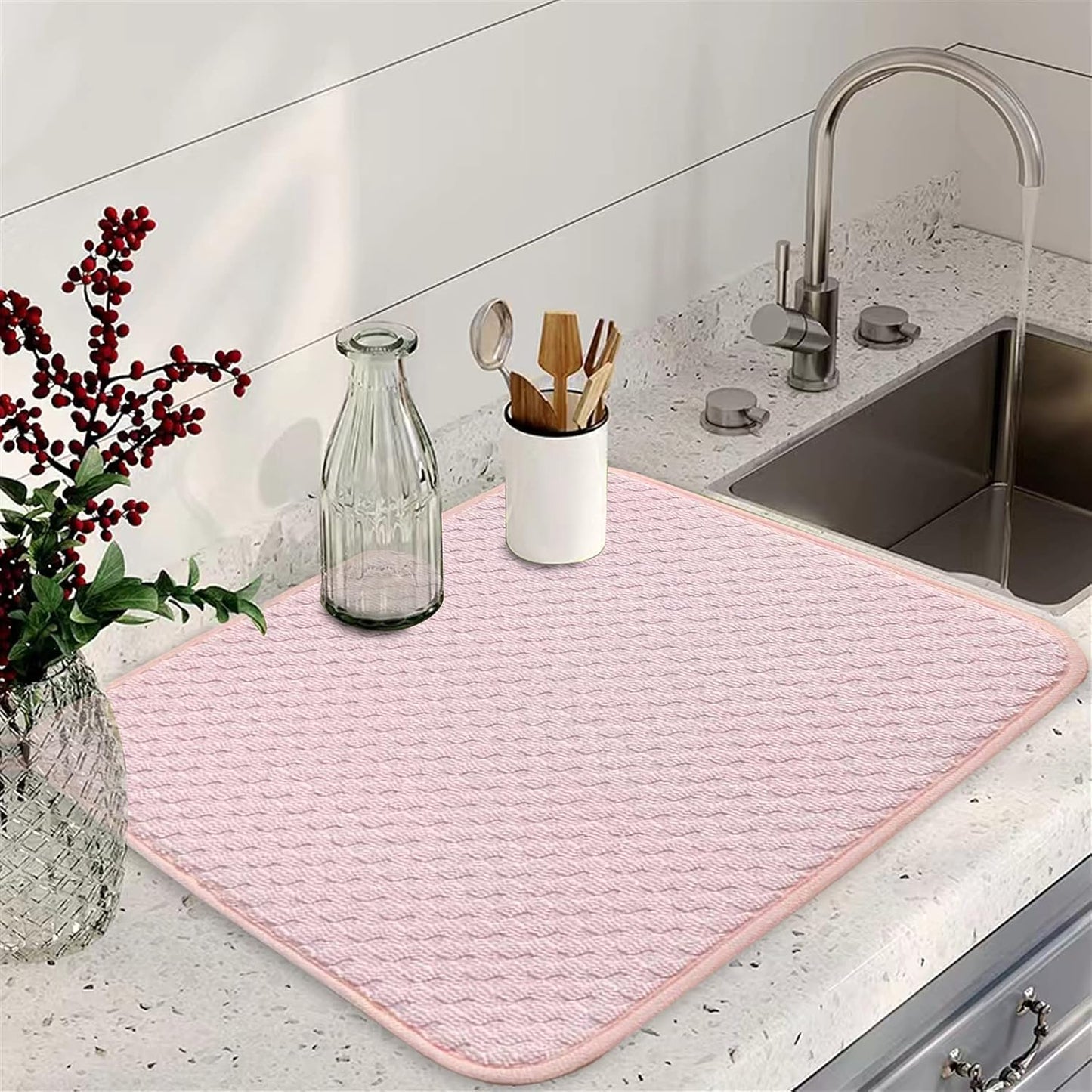 Pink Dish Drying Mats for Kitchen Counter, 2 Pack Dish Drying Mat Drying Pad, Dish Rack Drainer Mat, Kitchen Mat (Pink)