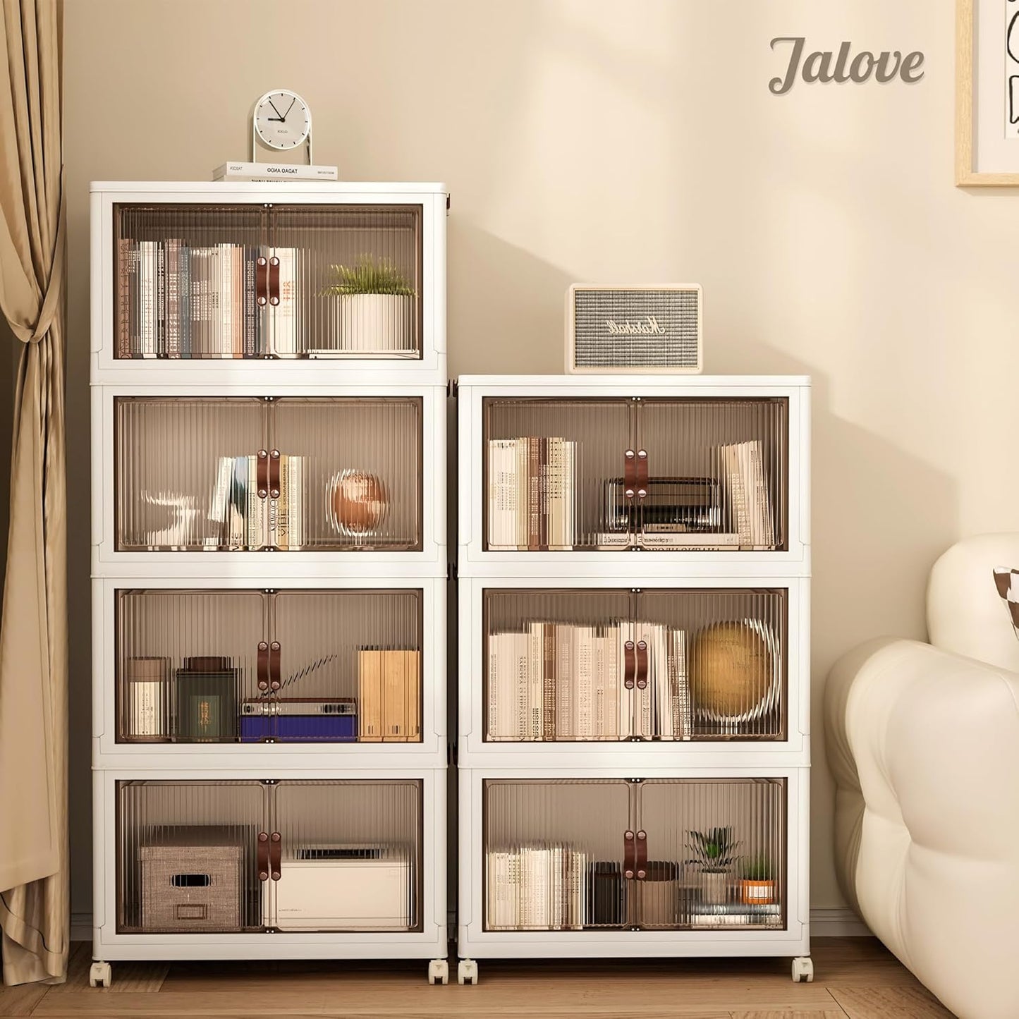 Jalove 88QT Plastic Storage Bins with lids, Stackable Collapsible Storage Containers with Wheels, Closet Organizer and Storage Drawers, Clothes Storage Cabinet for Home Office Garage, 4 Pack White