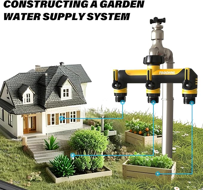 Garden Hose Splitter, 3/4-Inch Hose Manifold, Outdoor Faucet Adapter - Soft TPR Covering - Lightweight, Non-Slip, Sun-Resistant 3-Way Valve（yellow）