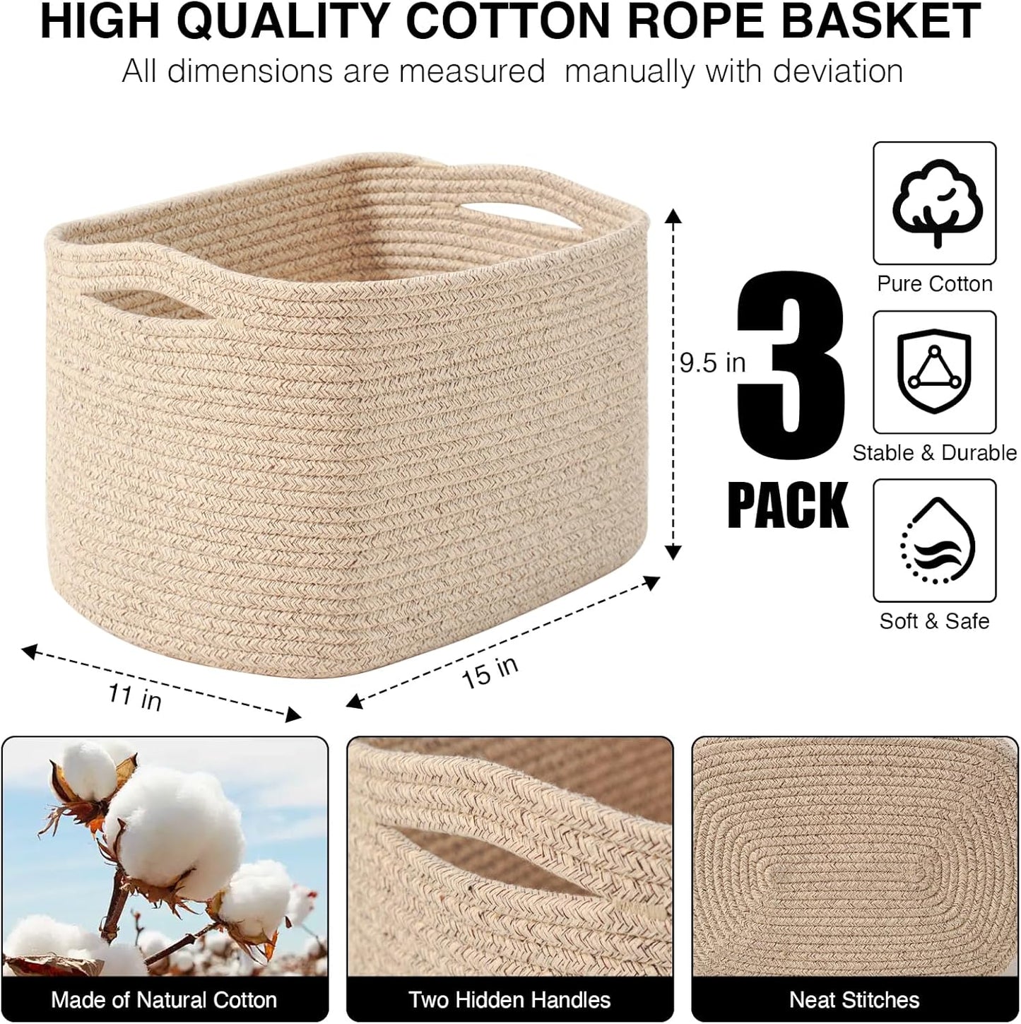 Decorative Storage Baskets for Organizing Shelves, Toy Basket for Nursery, Woven Cotton Rope Baskets for Decor, Towel Basket for Bathroom, 15"x11"x9.5", 3 Packs, Brown