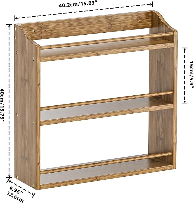Spice Rack for Countertop, Bamboo Seasoning Jars Organizer Rack Shelf Wall Mounted, 15.83" W x 4.96" D x 15.75" H (Walnut)