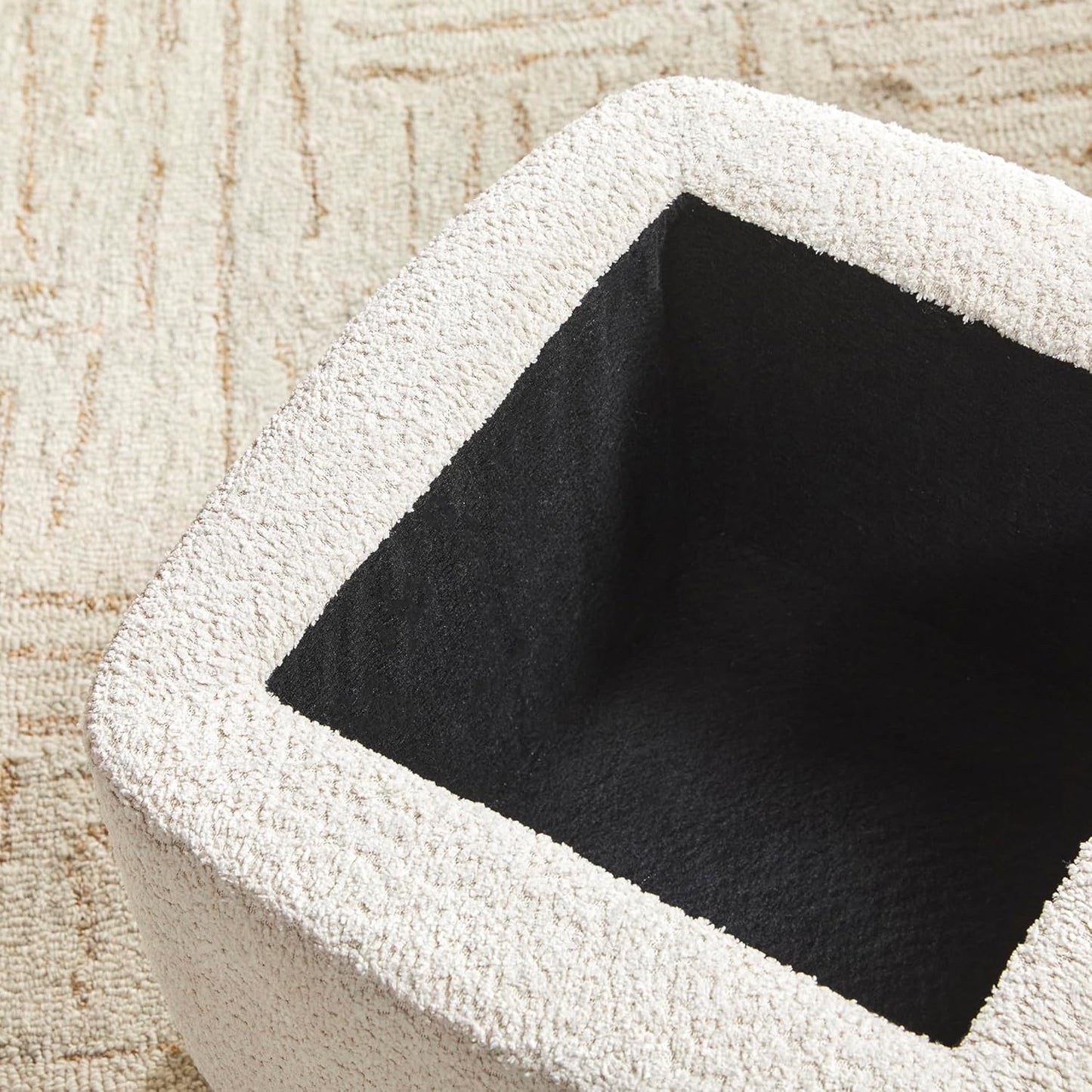 Walker Edison Linley Contemporary Small Storage Bouclé Ottoman with Wood Legs, Ivory