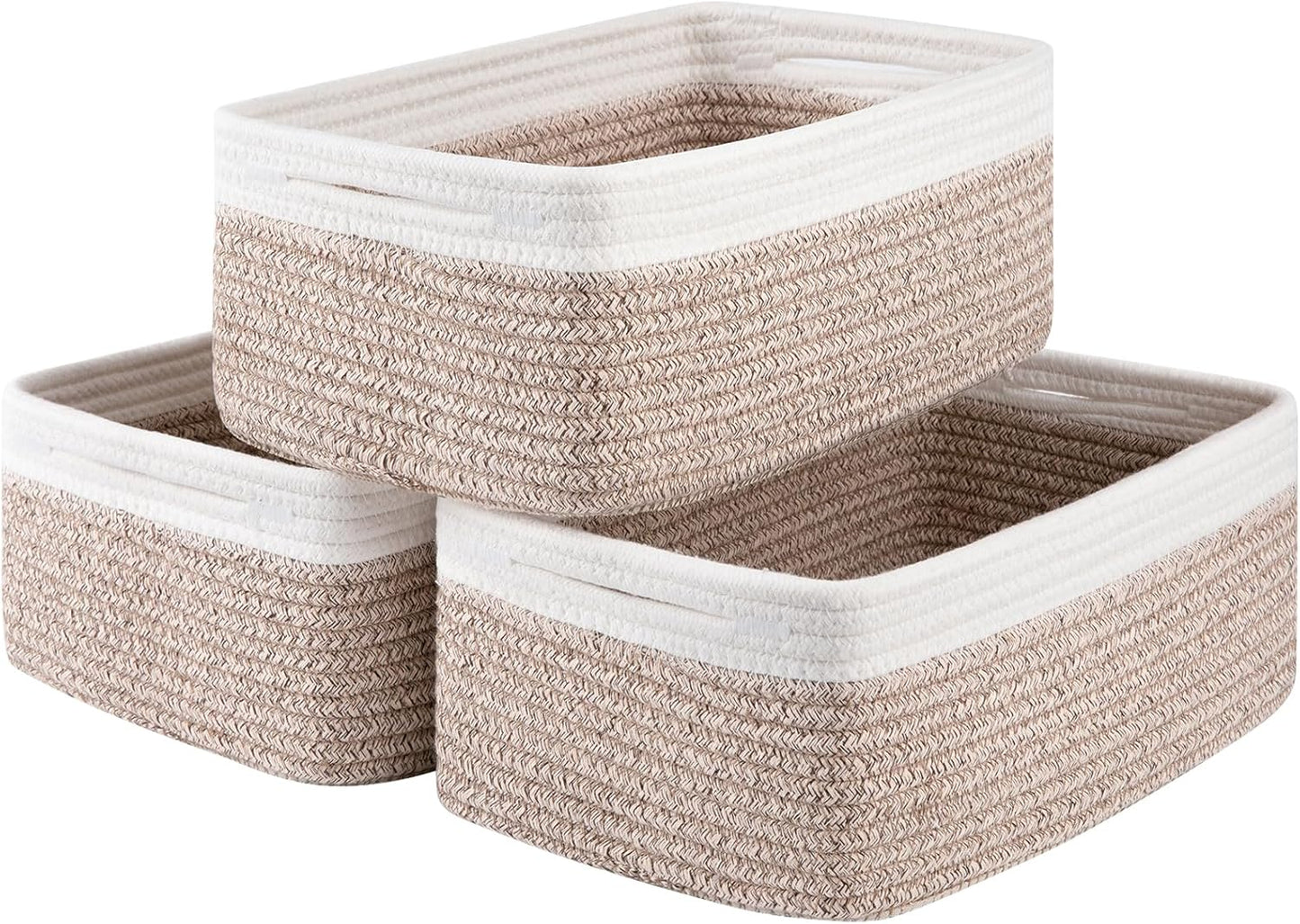 3 Pack Small Storage Baskets for Organizing, Cute Woven Decorative Gift Baskets for Shelves, Mini Closet Organizer Bins with Handles-13''Lx8.66''Wx5.11''H-Brown and White