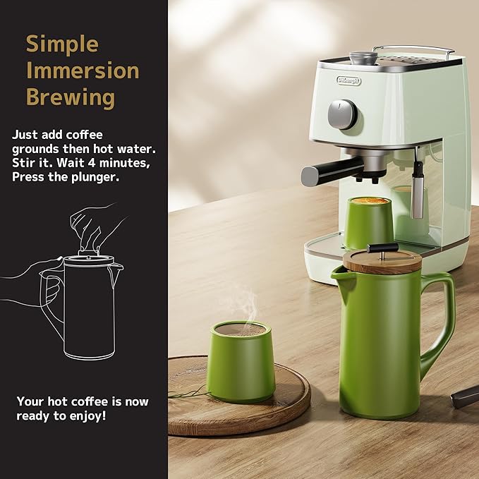 DHPO Ceramic French Press Coffee Maker, 22 Ounce Coffee Press Manual Brewer with Walnut Wood Lid, Premium Food Grade Stainless Steel Filter with Dual Screen for Coffee and Loose Tea, Gift Box, Green