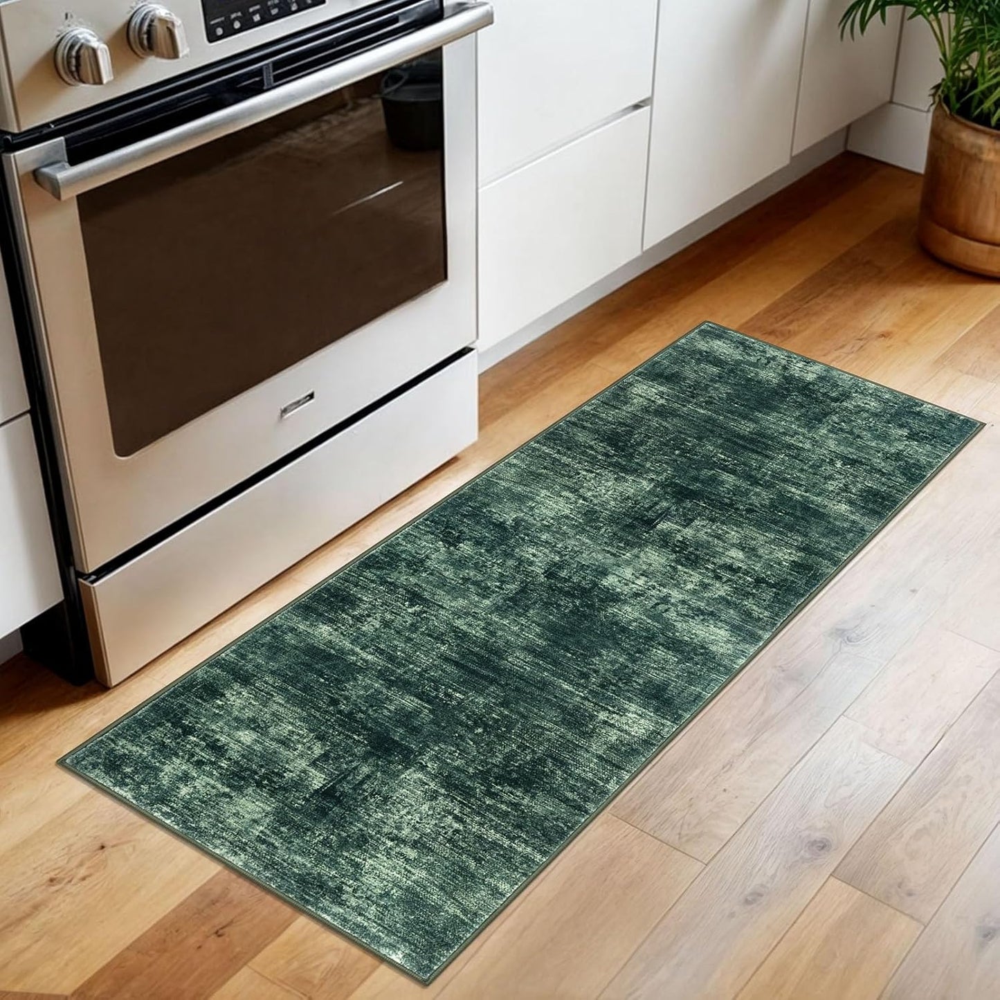 IOHOUZE Abstract Runner Rug 2x5 Ft Washable Runners for Hallways, Non Slip Kitchen Runner Printed Faux Wool Entryway Runner Indoor, Modern Abstract Floor Carpet for Hall Kitchen Bedroom, Dark Green