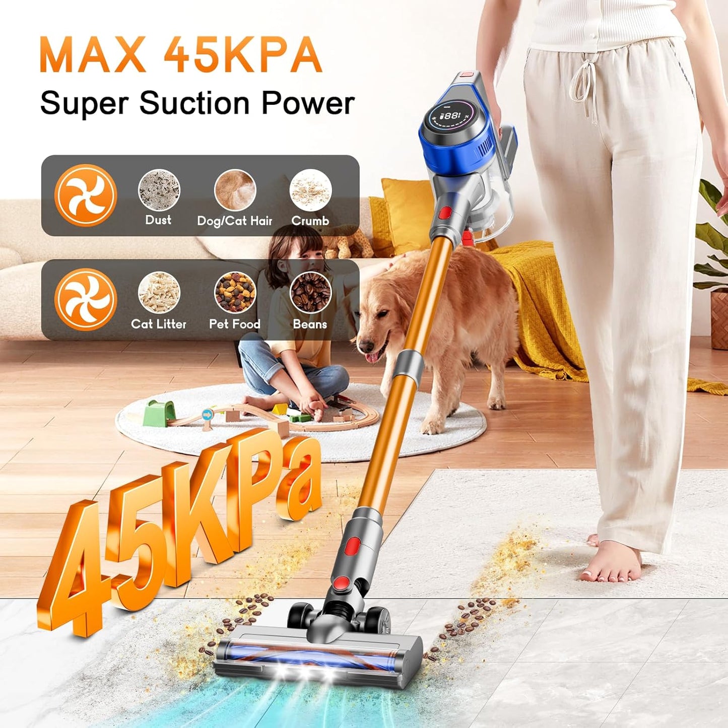 Cordless Vacuum Cleaner, 45Kpa Vacuum Cleaner for Home, 45Mins Stick Vacuums with Battery Display, Anti-Tangle &Wall Mount Charging, 8 in 1 Lightweight Vacuum for Hard floor Carpets Pet Hair, Y501