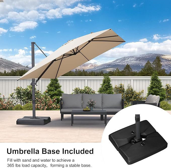 PURPLE LEAF 10' × 10' Patio Cantilever Umbrella with Base Outdoor Square Adjustable Offset Umbrellas with 360-degree Rotation and 8 Heavy Duty Metal Ribs for Garden Deck Pool Beige