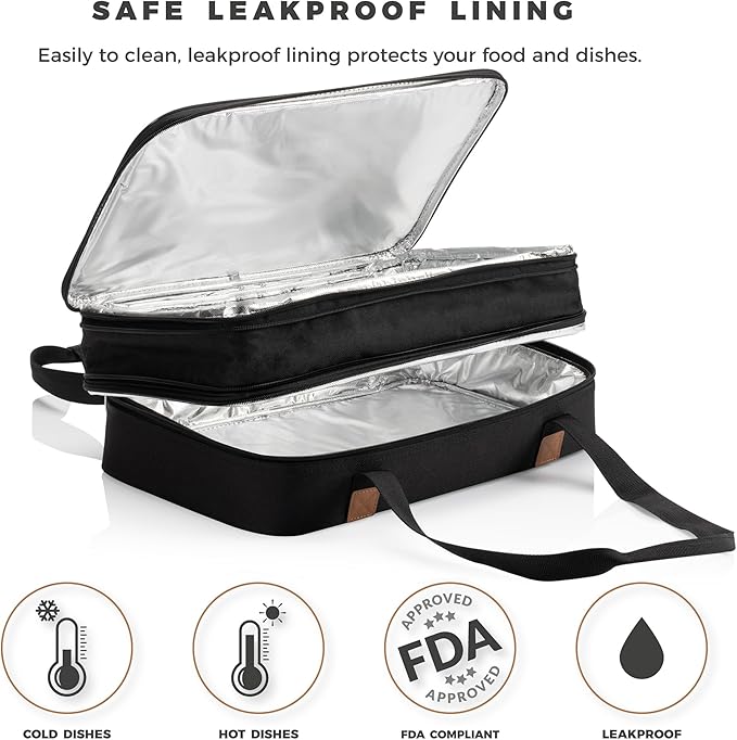 Stack Store Plus More Insulated Casserole Carrier for Hot or Cold Food, Lasagna Holder for Picnic, Potluck, Cookout - Fits 9” x 13” and 11” x 15” Baking Dish – Expandable Double Thermal Bag in Black