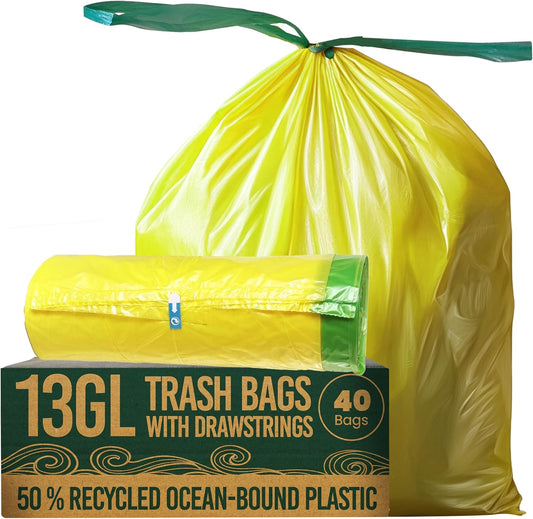 13 Gallon Trash Bags with Drawstrings, 40 Bags Made from 50% Recycled Plastic, Leakproof and Tear-Resistant, Tall Kitchen Garbage Bags for Home and Office