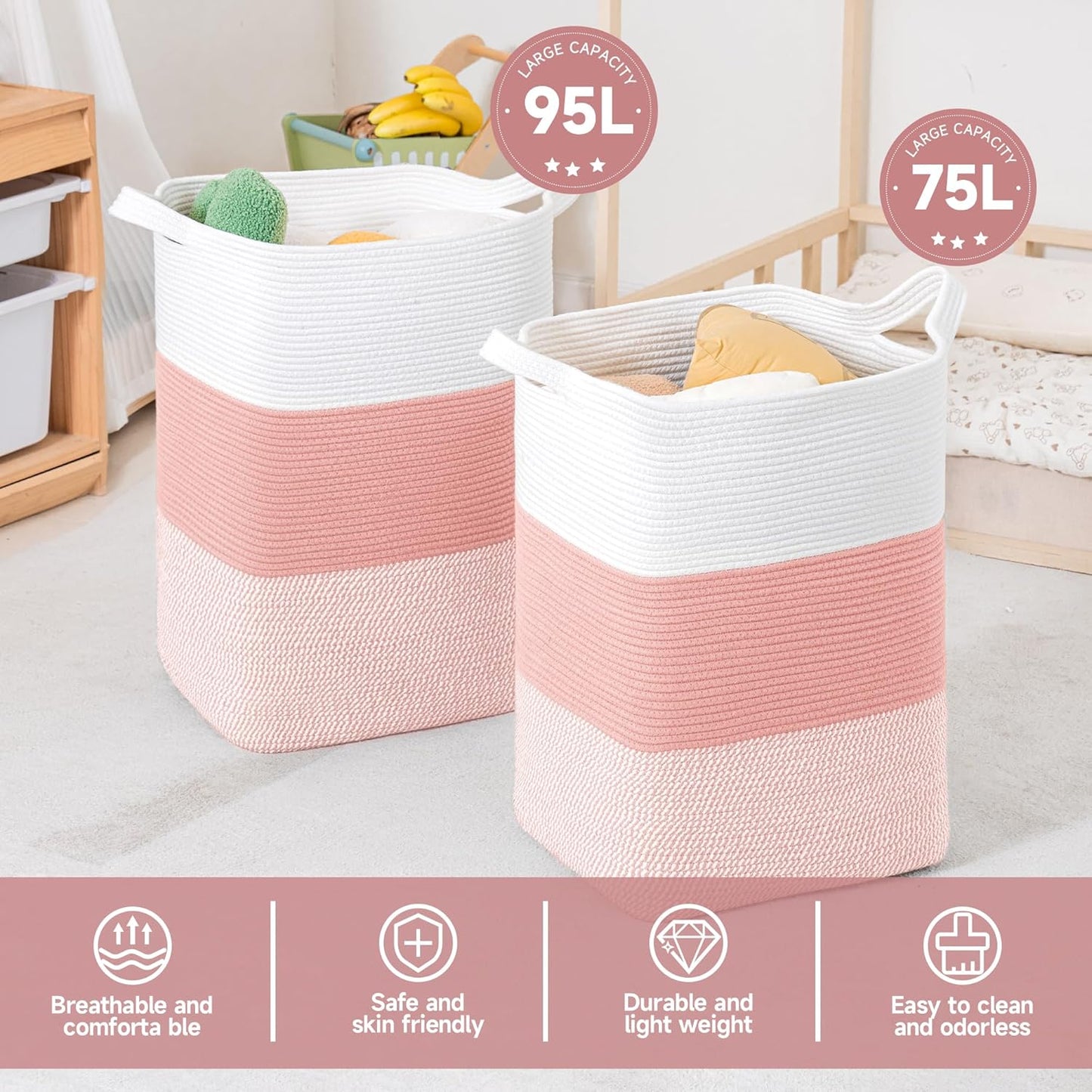 CLHMILY&Z 95L Laundry Basket Rectangular Pink Rope - 16x15x24 Inches - Dirty Clothes and Soft Storage Bin for Blankets, Toys, and Nursery Essentials