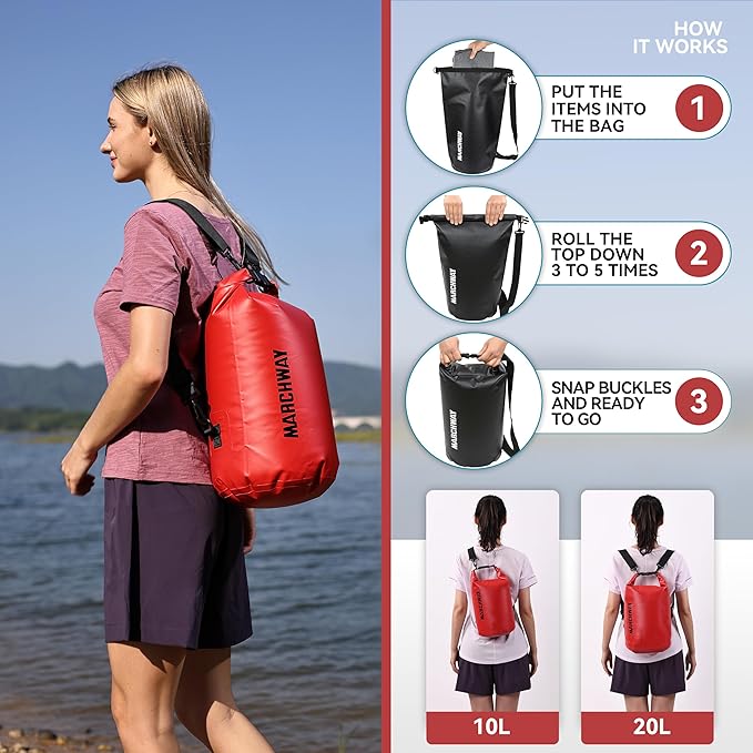 MARCHWAY Floating Waterproof Dry Bag Backpack 5L/10L/20L/30L/40L, Roll Top Sack Keeps Gear Dry for Kayaking, Rafting, Boating, Swimming, Camping, Hiking, Beach, Fishing