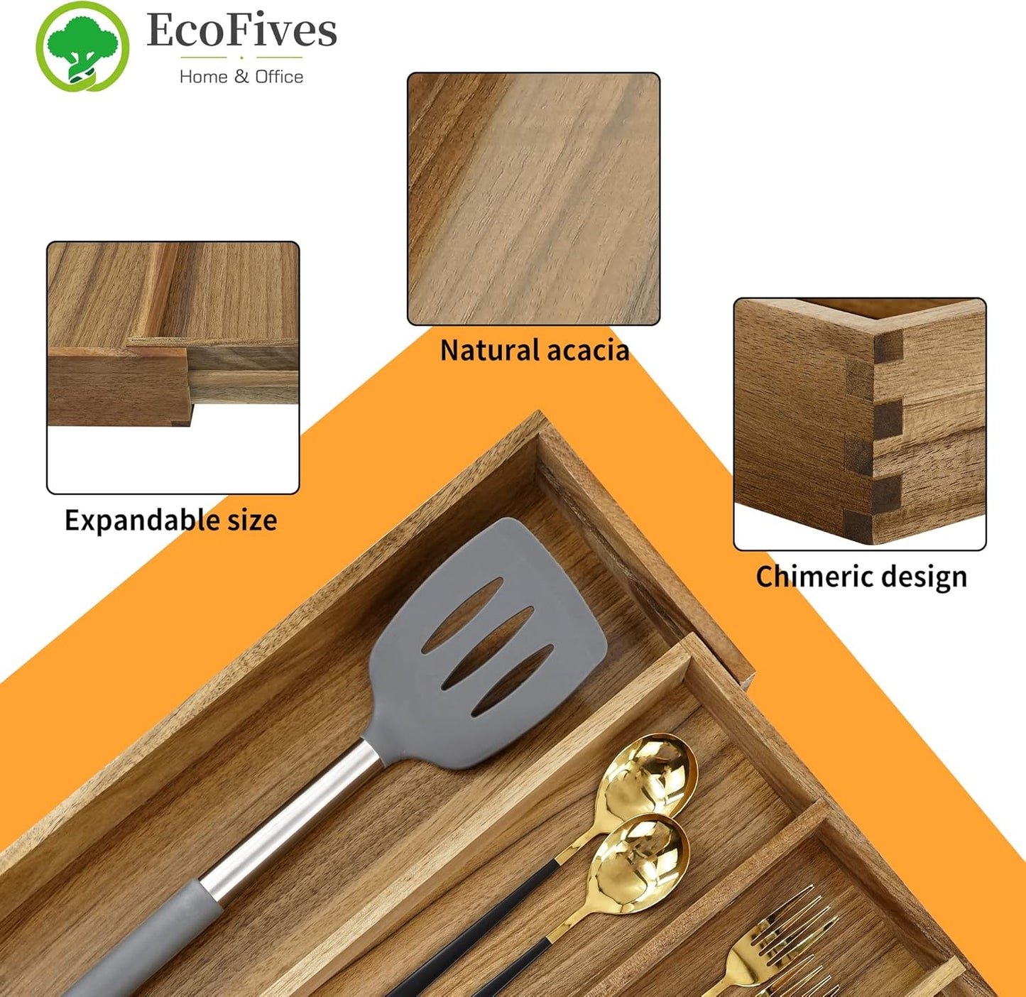 Luxury Acacia Silverware Organizer -Kitchen Drawer Organizer - Utensil Holder and Cutlery Organizer with Grooved Drawer Dividers for Flatware and Kitchen Utensils (5 Slot)