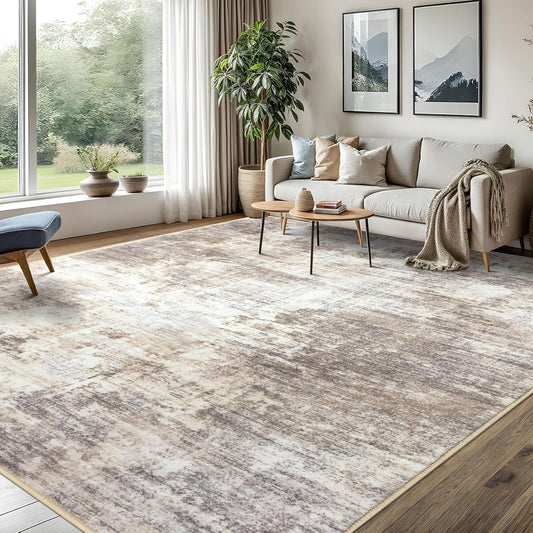 IOHOUZE Abstract Area Rugs 8x10 Ft Washable Large Rugs for Living Room, Non Slip Dining Room Rug, Printed Faux Wool Rugs for Bedroom, Floor Carpet for Office Nursery Playroom, Beige Brown