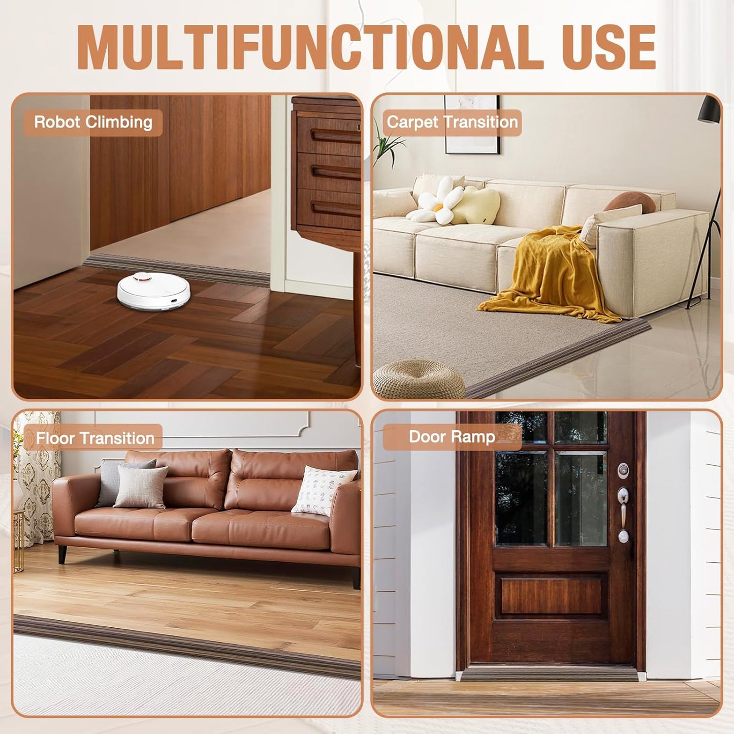 Floor Transition Strip Self Adhesive Vinyl Door Threshold for Doorways Carpet Edging Trim Overlap Edge Reducer for Laminate Floor, Carpet, Tile (Smoked Brown Wood Grain, 3/5" to 4/5", 10Ft)