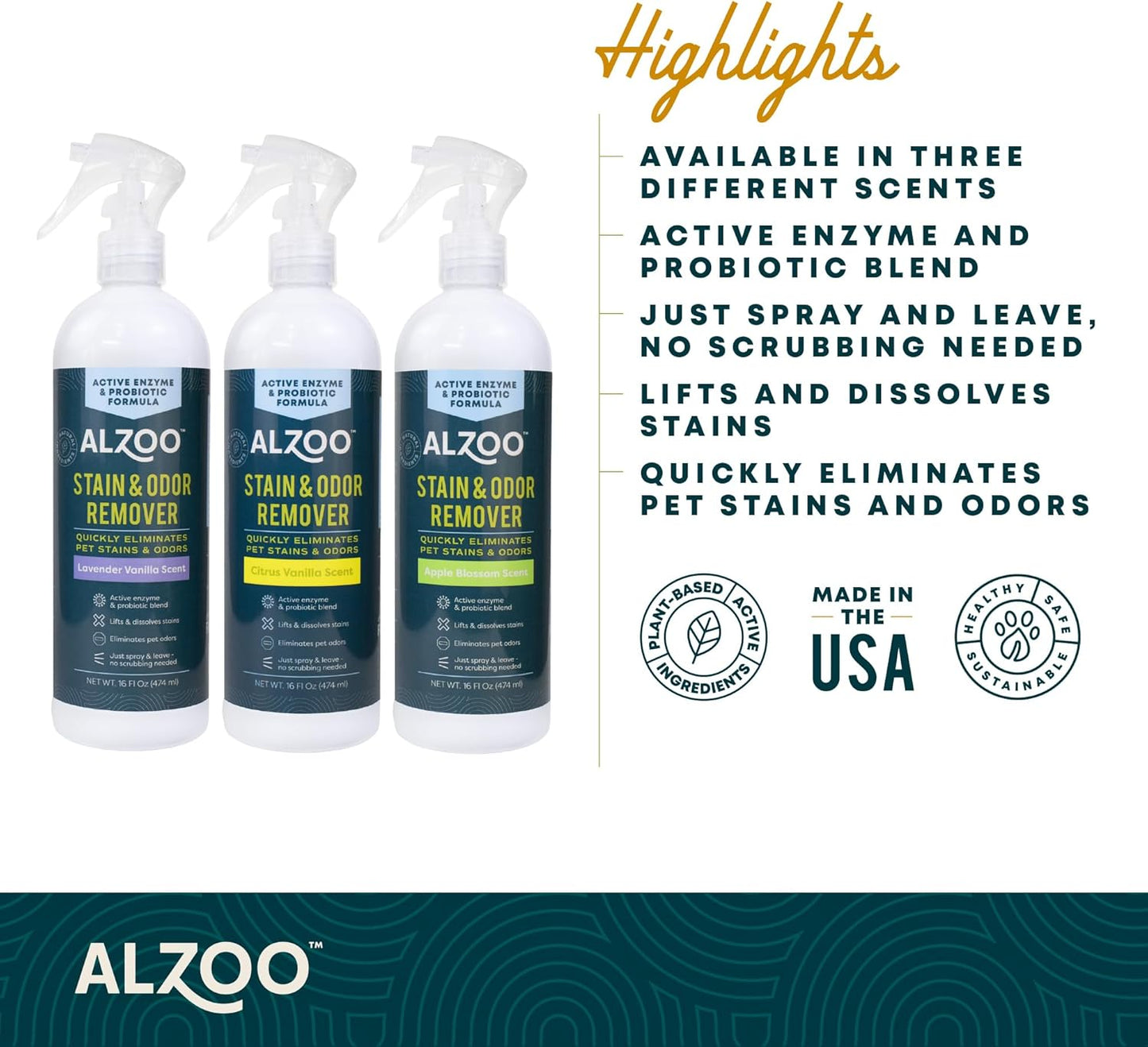 ALZOO Stain & Odor Remover, Quickly Lifts & Dissolves Pet Stains & Helps Eliminate Odors, 100% Plant-Based Active Ingredients, Lavender Vanilla Scent, 16 Fl. Oz Spray Bottle
