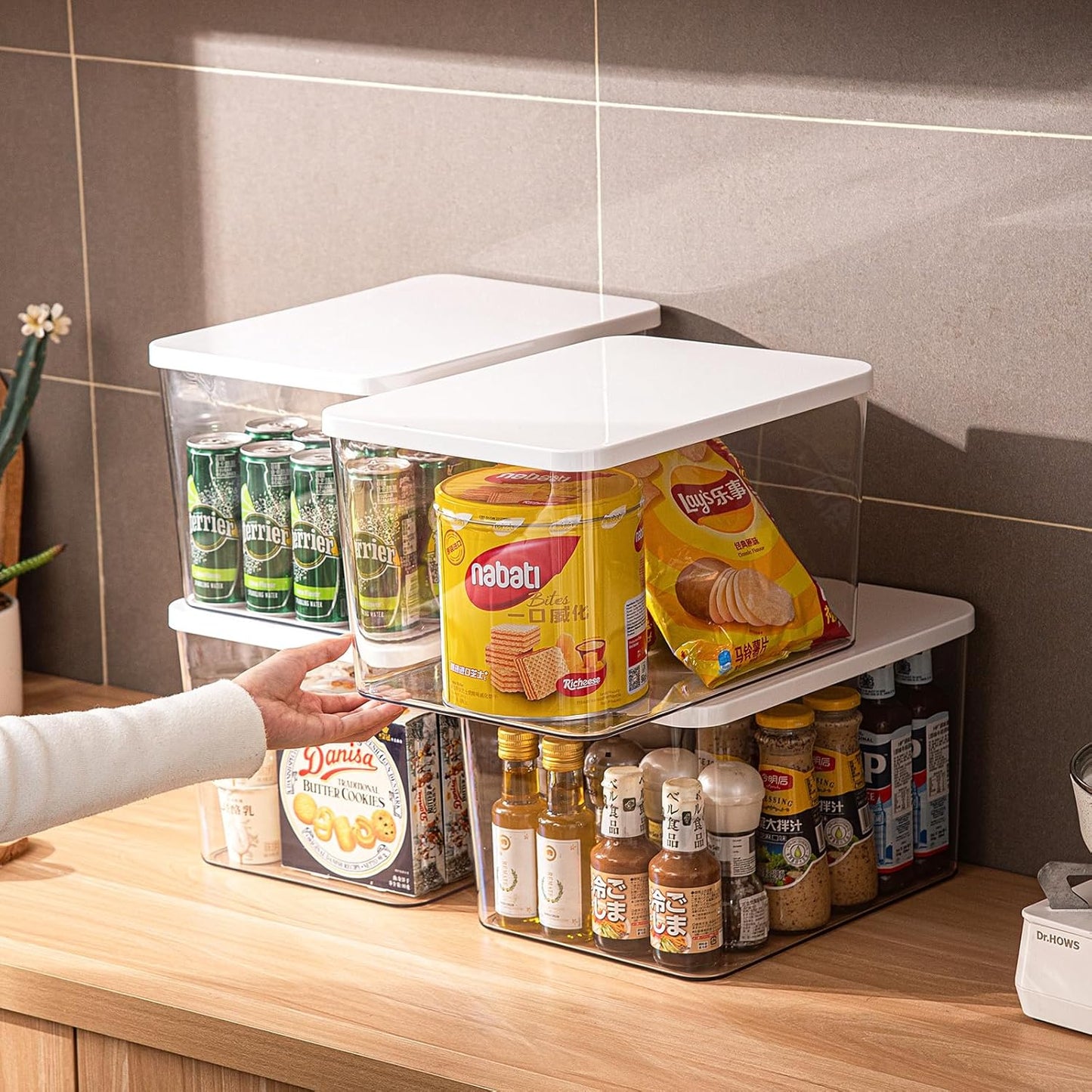 Clear plastic storage bins with LIDS-4packs,storage containers for snacks, cosmetics, books, dog food, Storage Organizer for Nursery，Kitchen, Living room,Bedroom, Bathroom, Office (Clear-White Lid)