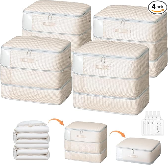 DIMJ Comforter Storage Bag - Large Capacity Ultra Space Saving Self Compression Organize for Duvet, Pillow, Bedding, Blanket Storage Organizer Nylon Compression Bags, Sheet Storage, Beige, 4 Pack