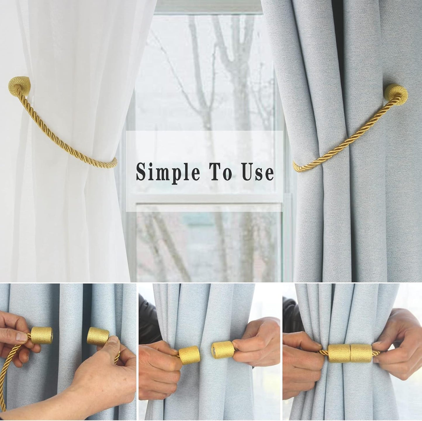 Magnetic Curtain Tiebacks 6 Pack Gold Curtain Rope Tieback Curtain Holders for Drapes Modern Tie Backs Decorative Curtain Holdbacks