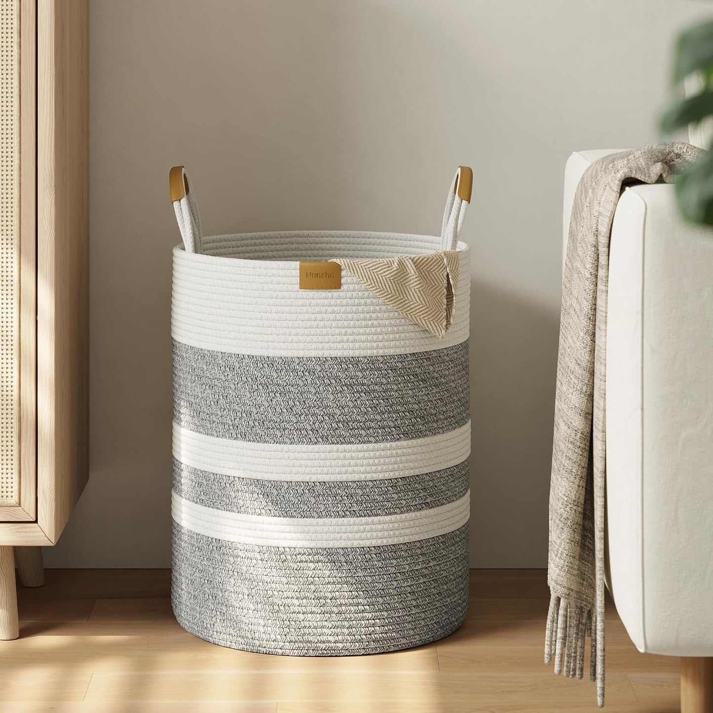 62L Striped Laundry Hamper with Leather Handles,Large Foldable Laundry Basket for Clothes,Cotton Rope Storage Bin for Blankets,Woven Clothes Basket for Bedroom,Gray Stripes