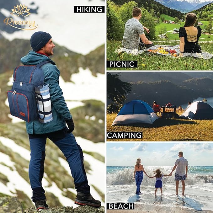 Rnoony Picnic Backpack for Camping, Picnic Basket for with Insulated Cooler Bag and Bottle Pouch,Camping Gifts for Couples with Lightweight Blanket and Cutlery Set for Family, Couple and Hiking