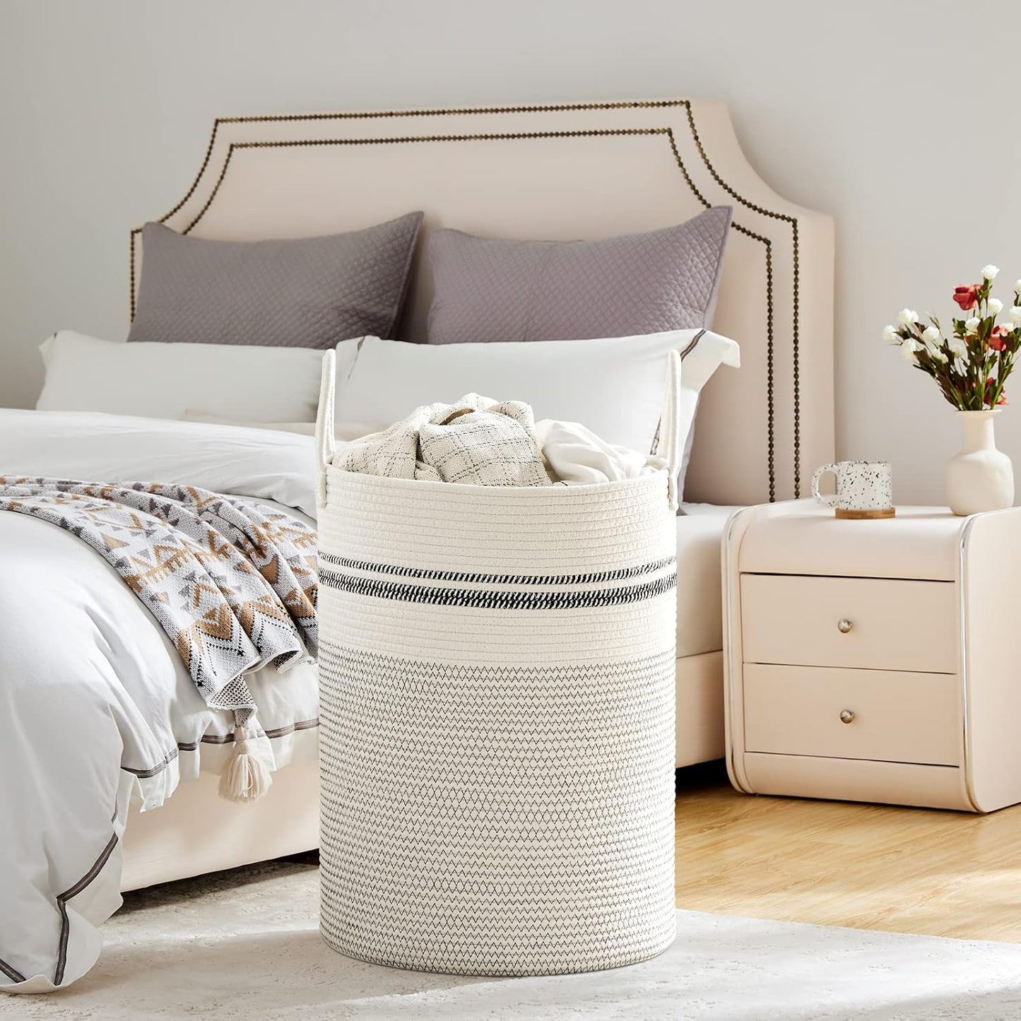 VIPOSCO Large Laundry Hamper, Tall Woven Rope Storage Basket for Blanket, Toys, Dirty Clothes in Living Room, Bathroom, Bedroom - 100L Stripe White