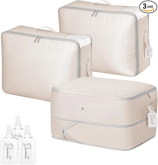 DIMJ 66L Comforter Storage Bag - 3 Pack Space-Saving Self-Compression Bags for Blankets, Duvets, Pillows, Bedding, and Down Jackets with Clear Window and Handle