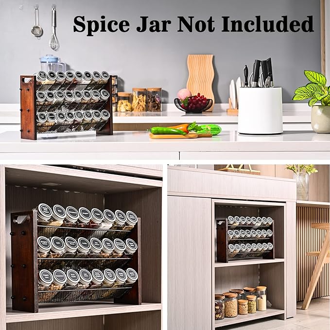 Spice Rack, Spice Rack Organizer without Seasoning Jars, Wooden Rustic 3 Tier Kitchen Spice Organizer Shelf for Cabinet, Countertop or Wall Mount