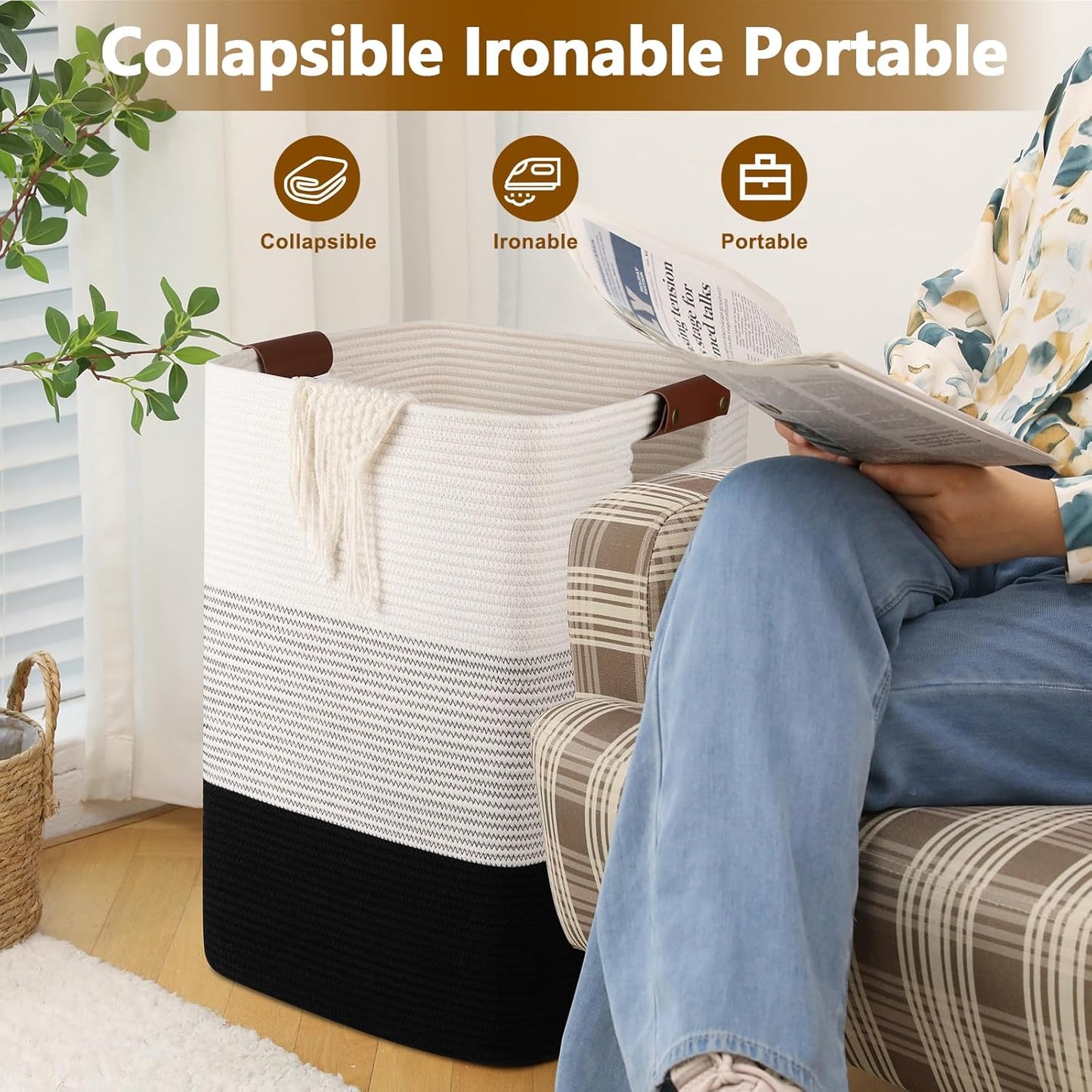 Laundry Hamper 96L Extra Large Laundry Basket, Woven Blanket Basket, Cotton Woven Storage Hamper with Handles for Living Room, Large Baskets for Pillows, Blankets, Clothes-Gradient Black