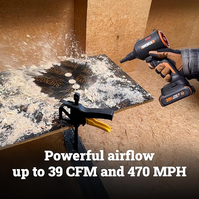 WORX Cordless Blower/Inflator, 20V 39 CFM 470 MPH Brushless High Speed Portable Dust Cleaner for Workshop, Lawn, Yard, Home, Lightweight Handheld Blower, Battery and Charger Included, PowerShare