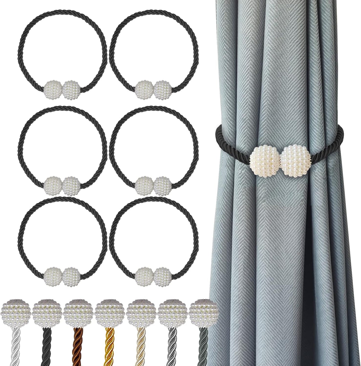 Hion Magnetic Curtain Tiebacks Black 6 Pack, Curtain Tiebacks Buckles Holdbacks Holders Hooks Clip for Home Bedroom Office Decorative Thick or Thin Curtain