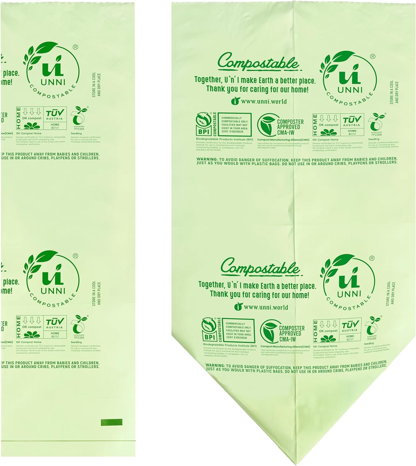 UNNI Compostable Trash Bags, 4 Gallon / 15 Liter, 100 Count, Extra Thick 0.75 mil Small Kitchen Food Scrap Bin Liners, Certified by BPI, CMA & OK compost HOME, Meets the ASTM D6400 Standard